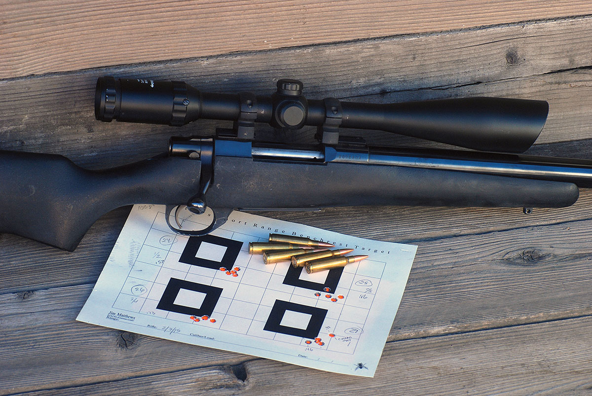 Jim’s 250-3000 custom varmint rifle was put together by Jim Gruning on a Howa action with a Krieger barrel and is highly accurate, as shown by this collection of sub-MOA groups shot at 100 yards.